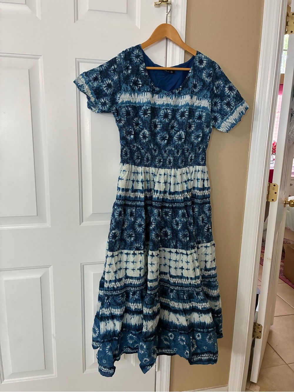Long Blue Tie-Dye Print Dress, 100% Cotton, Sz 18